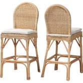 Bilu Bar Stool in Natural Rattan & White Fabric (Set of 2)