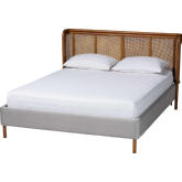Harrell Queen Bed in Wood, Woven Poly Rattan & Grey Velvet