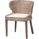 Niesha Dining Chair in Rustic Taupe Mahogany, Grey Kubu Rattan & White Fabric