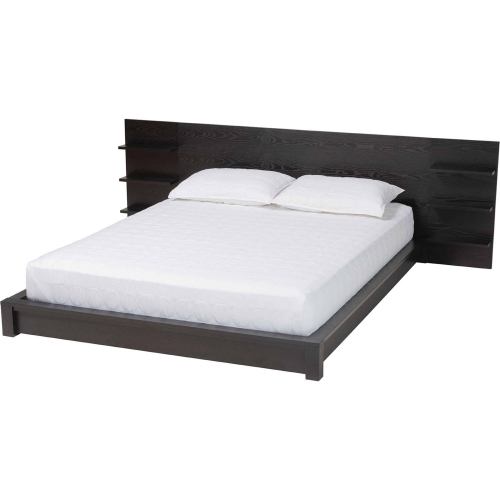 Elina Queen Platform Bed with Built In Shelves in Ebony Black Finish Wood