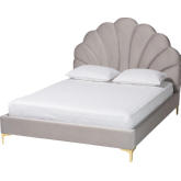 Acosta Queen Platform Bed with Seashell Headboard in Light Grey Velvet & Gold