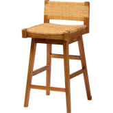 Asgart Bar Stool in Light Honey Mahogany Wood & Natural Rattan