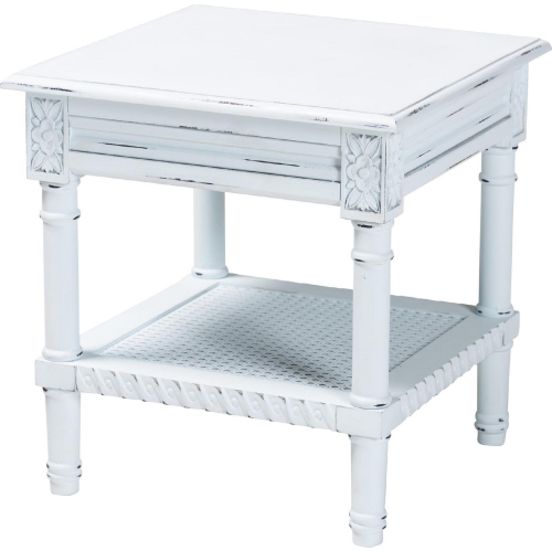 Jeanne End Table in White Wood & Poly Rattan