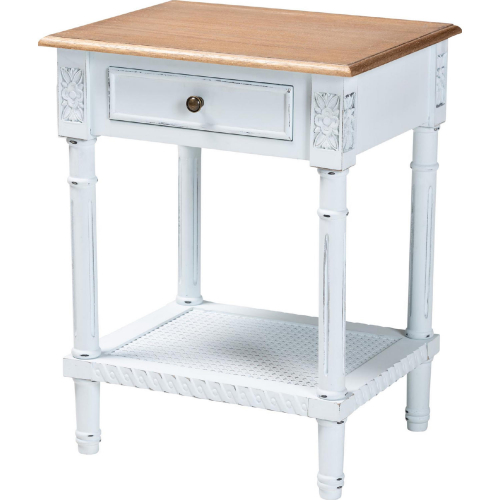 Legrand 1 Drawer End Table in White & Natural Wood & White Poly Rattan