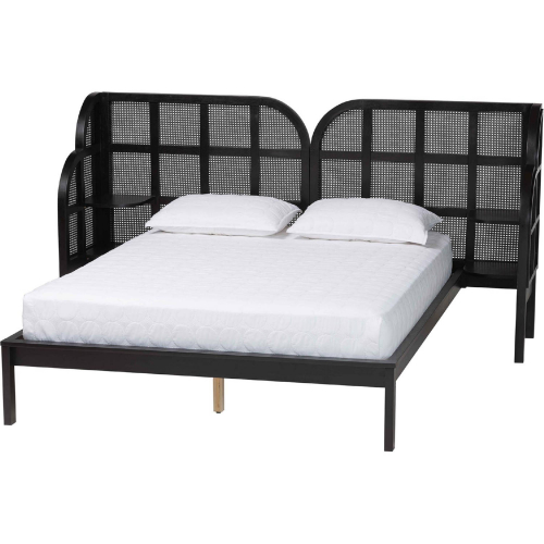 Cascadia Queen Wingback Platform Bed in Ebony Black Finish Wood & Poly Rattan