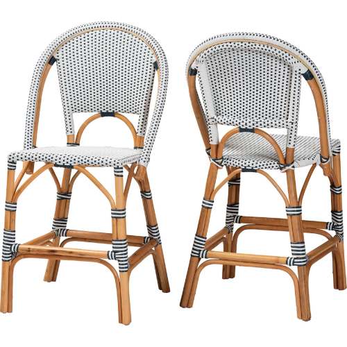 Genica Counter Stool in Natural Brown Rattan with Navy Blue & White Poly (Set of 2)