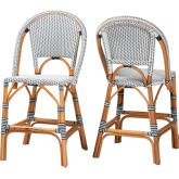 Genica Counter Stool in Natural Brown Rattan with Navy Blue & White Poly (Set of 2)