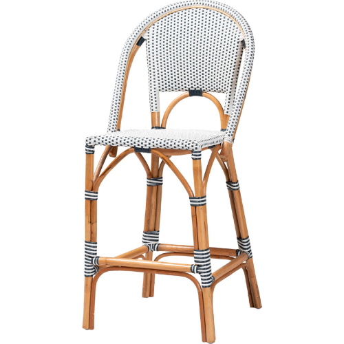 Genica Bar Stool in Natural Brown Rattan with Navy Blue & White Poly