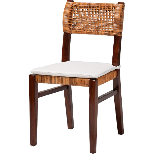 Dameka Dining Chair in Dark Wood, Honey Rattan & White Fabric