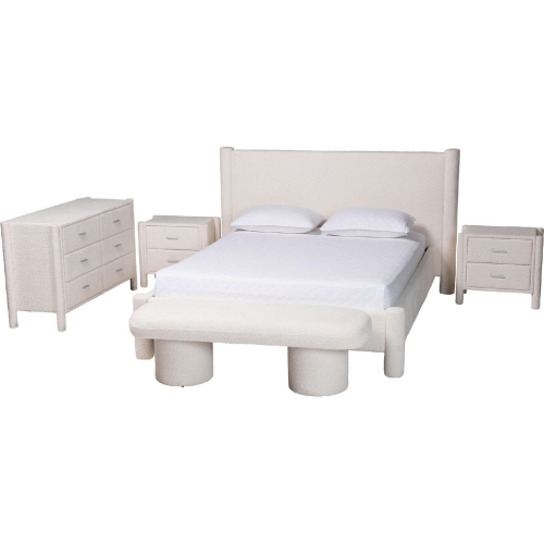 Laria 5 Piece Queen Bedroom Set in White Teddy Bear Plush Fabric