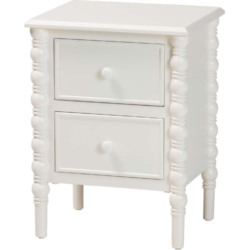Malinda 2 Drawer End Table in White Wood with Spindle Legs