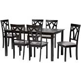 Sylvia 7 Piece Dining Set in Dark Brown Wood & Grey Fabric