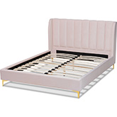 Saverio Queen Platform Bed in Channel Tufted Light Pink Velvet & Gold