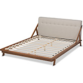 Sante Queen Platform Bed in Tufted Beige Fabric & Walnut Finish