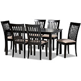 Minette 7 Piece Dining Set in Sand Fabric & Espresso Wood