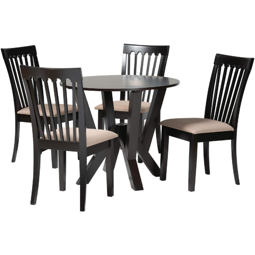 Marian 5 Piece Dining Set in Dark Brown Wood & Sand Fabric