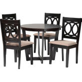 Kara 5 Piece Dining Set in Espresso Dark Brown Finish Wood & Sand Fabric
