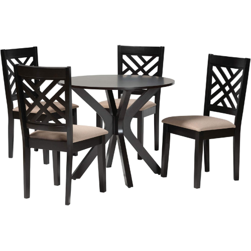 Norah 5 Piece Dining Set in Dark Brown Wood & Sand Fabric