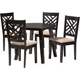 Ellie 5 Piece Dining Set in Dark Brown Wood & Beige Fabric