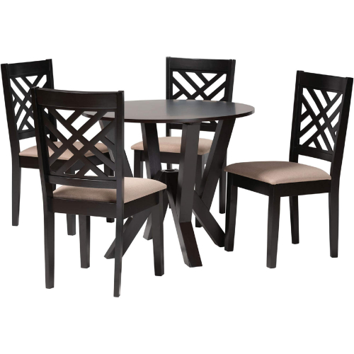 Elise 5 Piece Dining Set in Dark Brown Wood & Sand Fabric