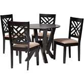 Elise 5 Piece Dining Set in Dark Brown Wood & Sand Fabric