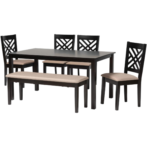 Gustavo 6 Piece Dining Set in Walnut Brown Finish Wood & Sand Fabric