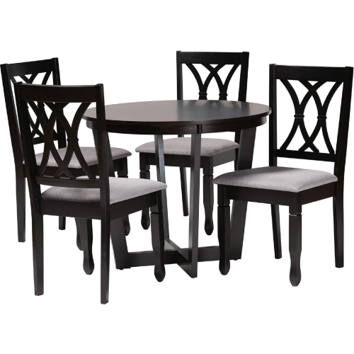 Aggie 5 Piece Dining Set in Dark Brown Wood & Grey Fabric
