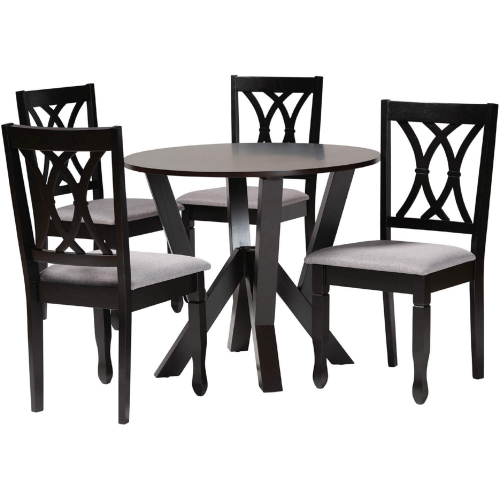 Irene 5 Piece Dining Set in Dark Brown Wood & Grey Fabric