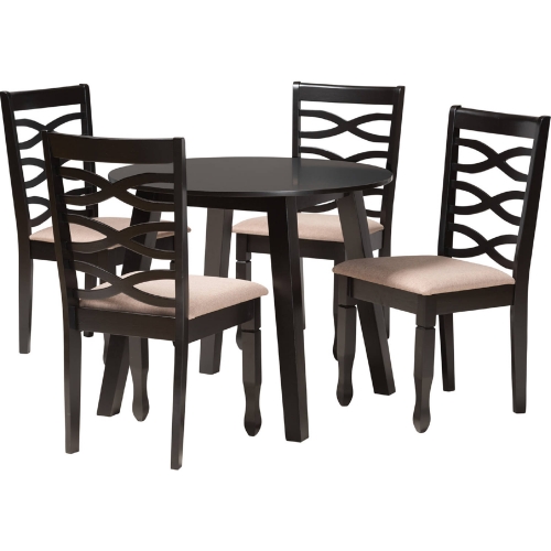 Ruby 5 Piece Dining Set in Dark Brown Wood & Beige Fabric