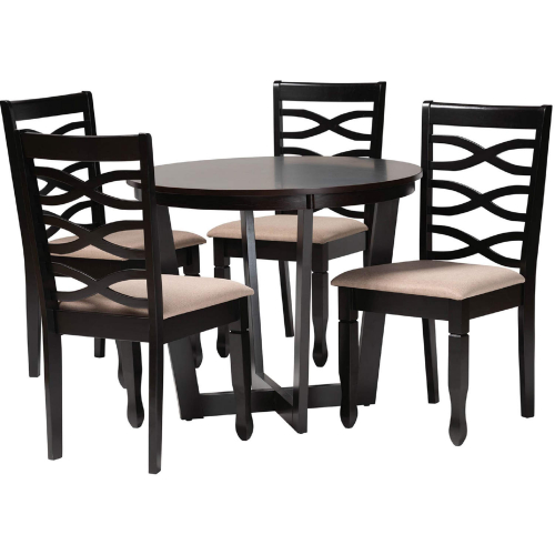 Leda 5 Piece Dining Set in Dark Brown Wood & Sand Fabric