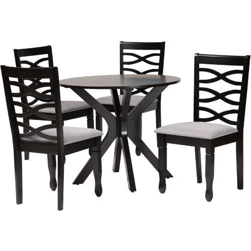 Mila 5 Piece Dining Set in Dark Brown Wood & Grey Fabric