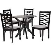 Mila 5 Piece Dining Set in Dark Brown Wood & Grey Fabric