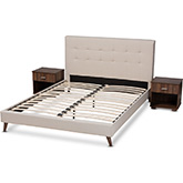 Maren Queen Bed & 2 Nightstands in Beige Fabric & Walnut Finish