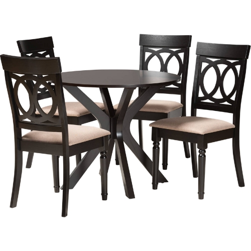 Jessie 5 Piece Dining Set in Dark Brown Wood & Sand Fabric