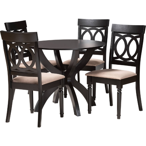 Velia 5 Piece Dining Set in Dark Brown Wood & Sand Fabric