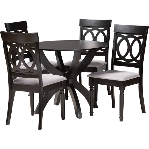Velia 5 Piece Dining Set in Dark Brown Wood & Grey Fabric