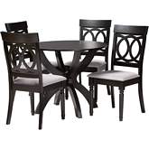 Velia 5 Piece Dining Set in Dark Brown Wood & Grey Fabric