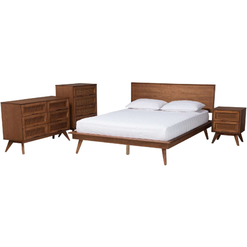 Melora Full 4 Piece Bedroom Set in Walnut Brown Finish Wood & Rattan