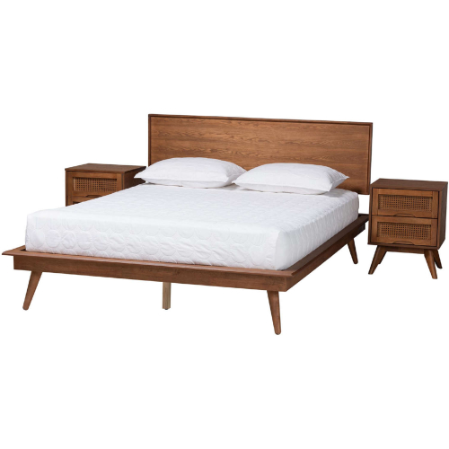 Melora Full 3 Piece Bedroom Set in Walnut Brown Finish Wood & Rattan