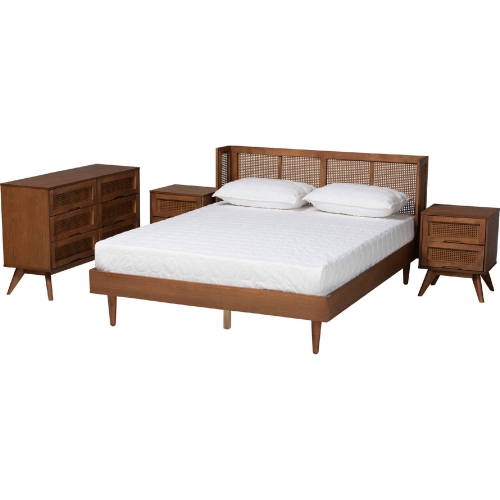 Rina 4 Piece Full Bedroom Set in Ash Walnut Finish Wood & Poly Rattan