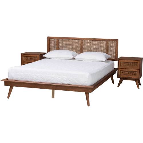 Nura Queen 3 Piece Bedroom Set in Walnut Brown Finish Wood & Rattan
