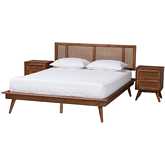 Nura Queen 3 Piece Bedroom Set in Walnut Brown Finish Wood & Rattan