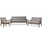 Sorrento Sofa Set in Tufted Gray Fabric & Walnut
