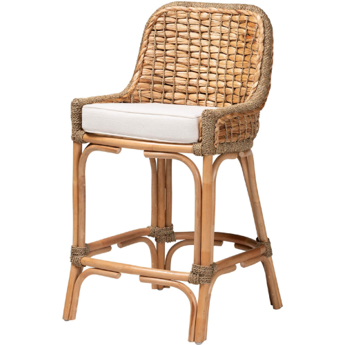 Kyle Counter Stool in Natural Brown Woven Rattan & White Fabric