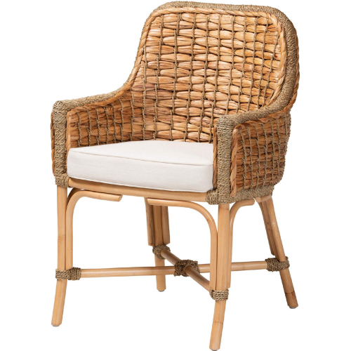 Kyle Dining Arm Chair in Natural Brown Woven Rattan & White Fabric