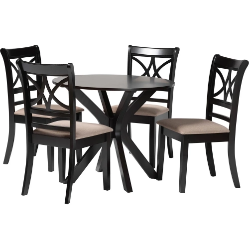 Julia 5 Piece Round Dining Set in Dark Wood & Sand Fabric