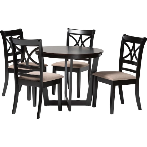 Penny 5 Piece Round Dining Set in Dark Brown Wood & Sand Fabric