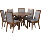 Eira 7 Piece Dining Set in Grey Fabric & Walnut Brown Finish Wood