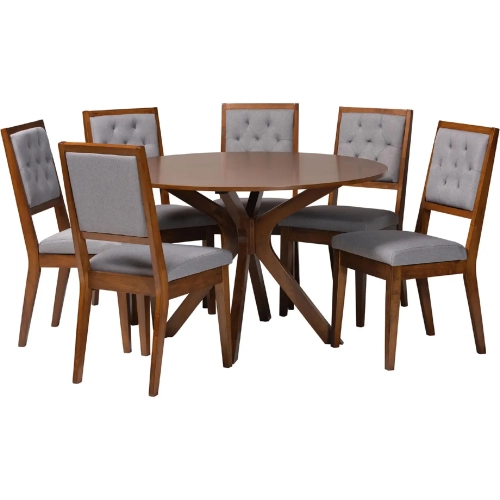 Mana 7 Piece Dining Set in Tufted Grey Fabric & Walnut Brown Finish Wood