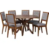 Mana 7 Piece Dining Set in Tufted Grey Fabric & Walnut Brown Finish Wood